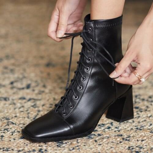 Genuine Leather Ankle Boots for Women Autumn Winter British Comfortable Cross-tied Square Toe Boots Woman High Heels Short Boots