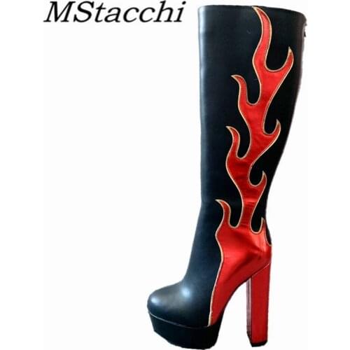 MStacchi Women Knee-length Boots Leather Flame Mixed Colors Zipper-Sid Super High Heel Femme Shoes Crude Heel Sexy Botas Mujer