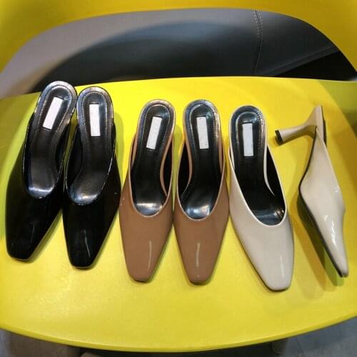 Bailamos Fashion Shallow Women Slip On Mules Round Toe Thin High Heel Slipper Soft Patent Leather Slides Ladies Dress Pumps Shoe