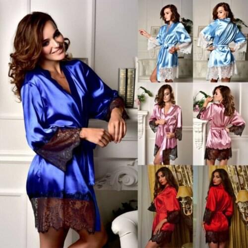 Womens Sexy Satin Silk Robe Womens Sleepwear Lace Long Bride Kimono Robe Night Dressing Gown Kimono Bathrobe Dress S-XL