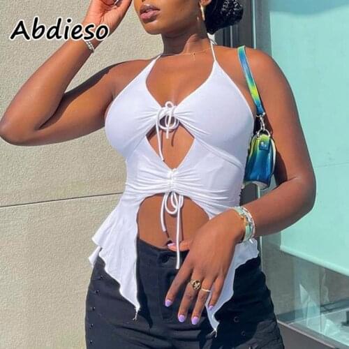 Abdieso Y2K 90s Black Halter Crop Top Women White Ruffles Hollow Out Backless Sexy Tank Tops Casual Streetwear Sleeveless Camis