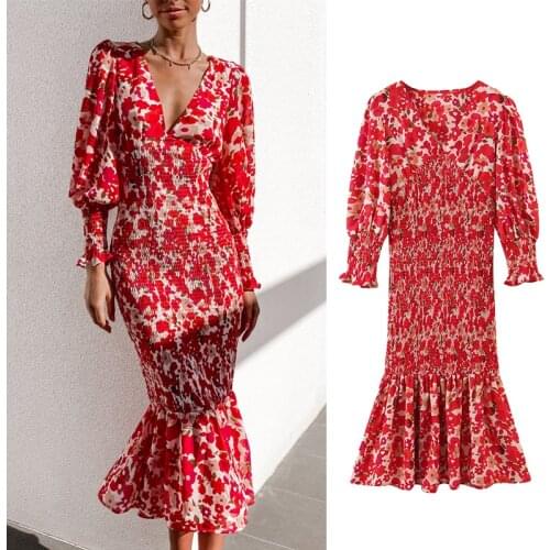 2021 Floral Long Dress Woman Blue Wrap Dress Women Vintage Long Puff Sleeve Midi Summer Dresses Tied Elegant Dresses
