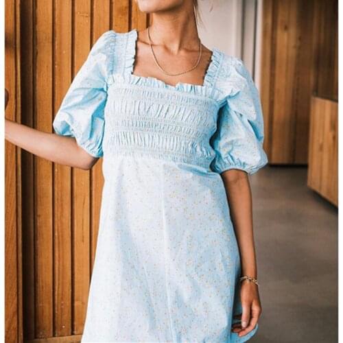 Women Blue Floral Print Mini Dress Frill Trim Square Collar Puff Sleeve 2021 New Ladies Elastic Waist Pleated Short Robes