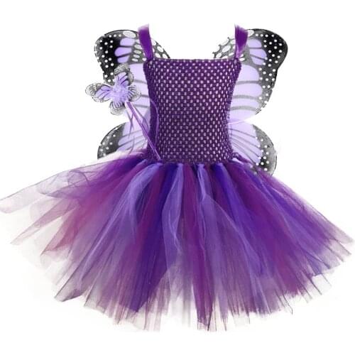 1 Set Butterfly Girls Tutu Dress Purple Butterfly Wing Fairy Costume Dress Outfit Kids Halloween Masquerade Party Fancy Dresses