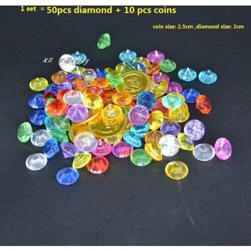 10 Pack Plastic Gold Coin Party Pirate Game Captain Crystal Purple Blue Green Diamond Treasure Box Acrylic Gems Boy Children Toy