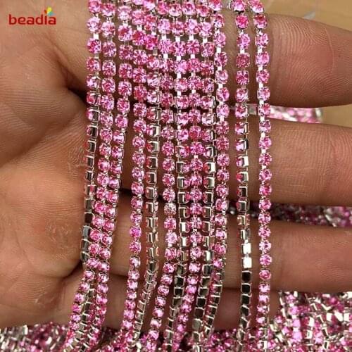 2/2.5/2.8/3mm Silver Base High Density Flatback Pink Rhinestone Chain For DIY Decor Craft Sewing Clothes Accessories