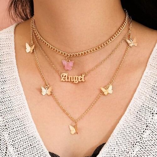 3 Pcs/Set Women Necklaces Set Gold Color Butterfly Letter Pendant Multilayer Clavicle Chain Beach Charm Party Jewelry Lover Gift
