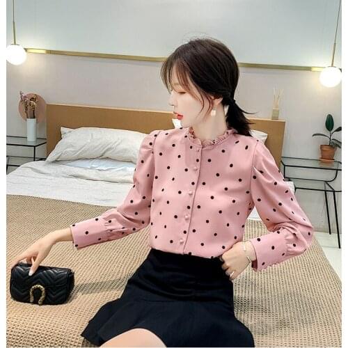 A large number of 2021 autumn models in stock ~ long-sleeved wave dot lotus leaf collar temperament shirt chiffon shirt small sh