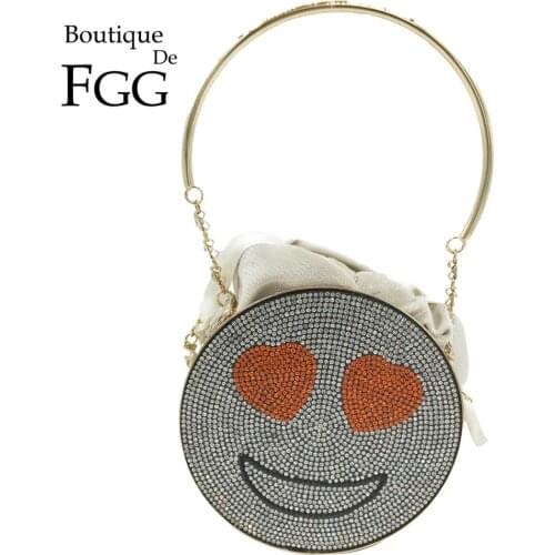 Boutique De FGG Smile Enjoy Face Women Rhinestone Handbags Metal Clutches Round Ball Evening Bags Party Dinner Crystal Purse