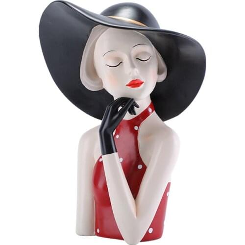 Home Figurines For Interior Home Decoration Accessories Room Decor Sculpture Fashion Girl With Hat Resting Chin In Hands Modern