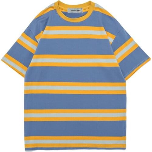 Harajuku Fashion Street Casual Men Baggy Cotton Stripes Short Sleeve Tees Tops Male Popular Logo Vintage Lovers T-shirt