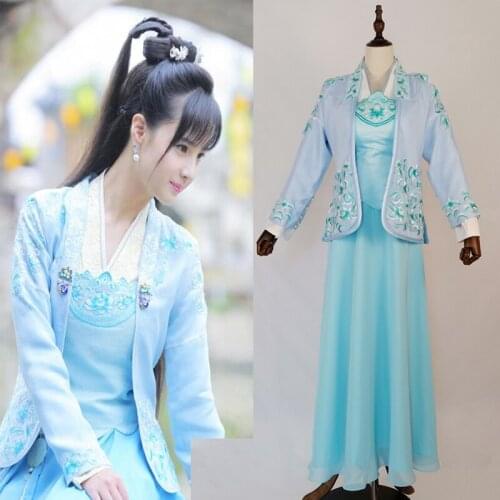 Jiang Jia'en Same Design Light Blue Embroidery Female Costume Hanfu for TV Play The Great Chef Fang Drama Hanfu Cosplay