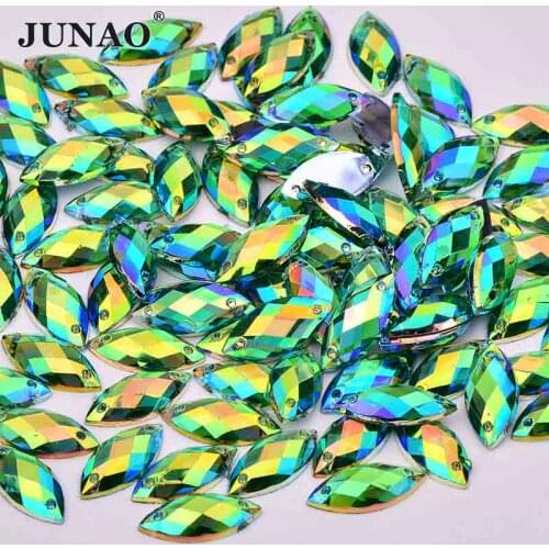 JUNAO 7*15mm Sew On Green AB Crystals Acrylic Flatback Rhinestones Horse Eye Fancy Crystals Stones Sewing Beads For Clothes