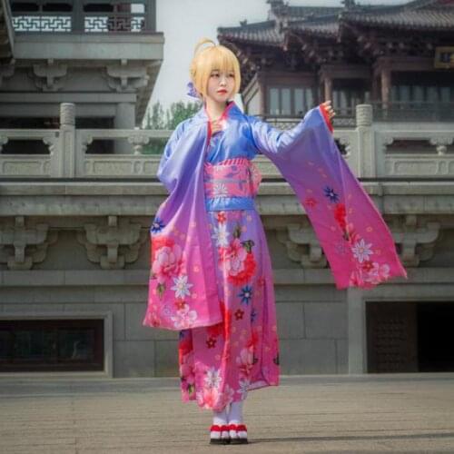 Traditional Women Kimono Yukata Robe Gown With Obi Japanese Anime Cosplay Costume Fate Saber Performance Party Dress Vestidos