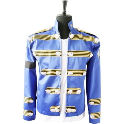 Rare Fashion MJ Michael Jackson Mens England Jacket Similar Military Punk Retro Bule Button Casaul Halloween Outwear In 1995s