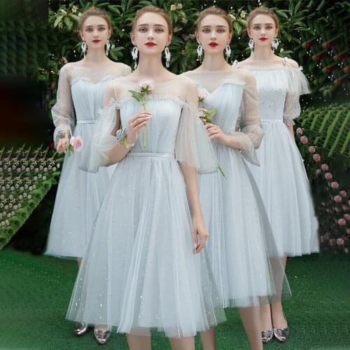 Bridesmaids Dress Illusion Short Off The Shoulder O-Neck Pleat Sequined A-Line Lace Tulle Vintage Women Wedding Party Gown E335