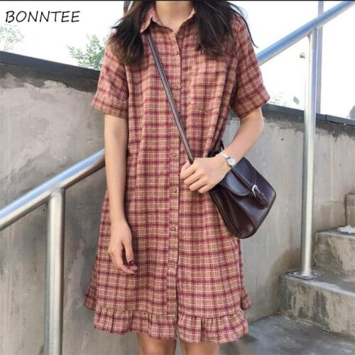 Dress Women Sweet Ruffles Vintage Red Plaid Trendy Button Ulzzang Schoolgirls Mini Dresses Holiday Simple Daily Womens Clothing