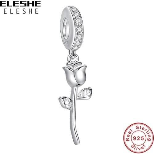 ELESHE Authentic 925 Sterling Silver with CZ Bead Rose Flower Dangle Charm for Women Fit Silver 925 Bracelets DIY Jewelry 2021