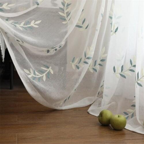 Embroidered Tulle Curtains Leaves Pattern Window Screen for Bedroom Living Room Voile Sheer Curtains for Kitchen Door Drape