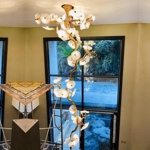 YIYIng Postmodern Staircase Lamp Copper Lotus Leaf Glass Tree Branch Lamp Hotel Duplex Building Villa Living Room Hollow Suction