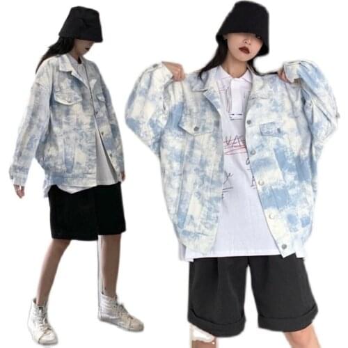 #9147 Retro Tie Dyed Denim Jacket In Woman Spring And Autumn Loose Jean Jacket Coats Ladies Single Breasted Cotton Coat Female