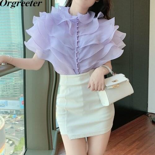 Multi-layer Ruffles Organza Purple Shirt Womens Vintage Single-breasted Flying Sleeve One Size Slim Blouse Top