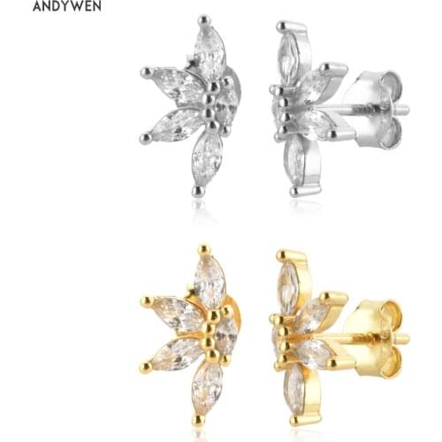 ANDYWEN 925 Sterling Silver Gold Five Yellow Blue Flower Zircon CZ Stud Earring Piercing Pendientes Clips Women Crystal Party