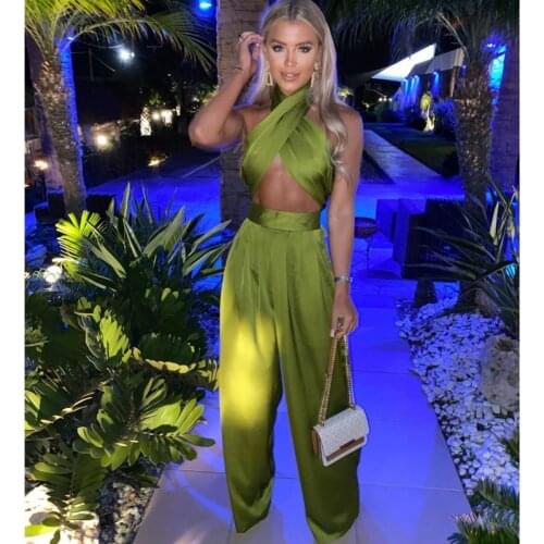Josiaoprah Halter Summer Sexy Jumpsuit Luxury Silk Satin Solid Flare Pant Romper Elegant Outfit Party Wear Women Jumpsuit