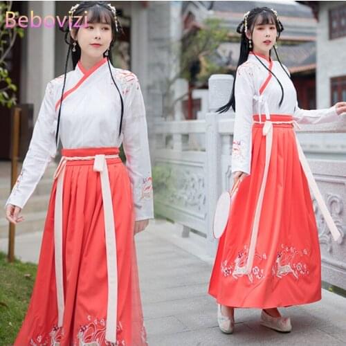 Women White Orange Fairy Chinese Traditional Hanfu Costume New Style Lady Han Dynasty Dress Embroidery Tang Folk Dance Clothing