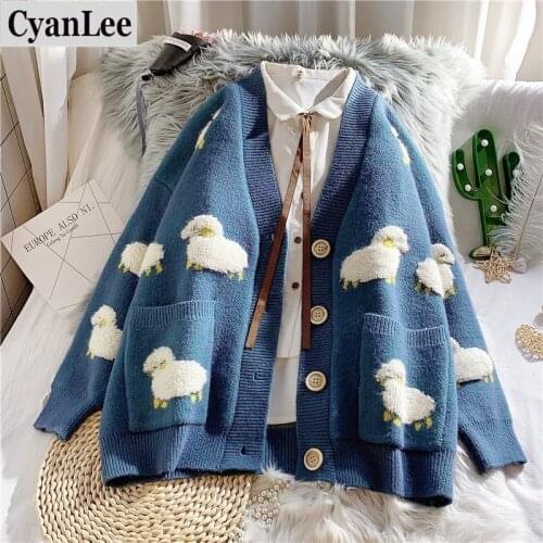 Cyanlee Sweater Women 2020 Autumn New Knit Female Cardigan Loose Knit Sweater Coat Cute Print Knitted Cardigan Women Jacket