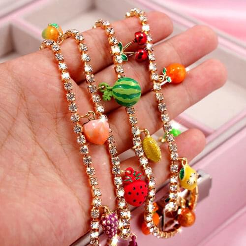Flatfoosie Fashion Cute Cherry Peach Fruits Pendant Necklace for Women Gold Color Bling Crystal Chain Necklace Wedding Jewelry