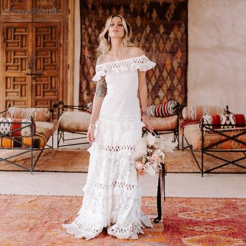 Tiered Ruffles Skirt Wedding Dresses Boat Neck A Line Fashion Bridal Gowns Charming Romantic Boho Noivas chicDW586