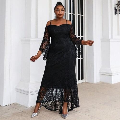 Vintage Lace Women Maxi Dress Plus Size Sexy Off Shoulder Ladies Spaghetti Strap Flare Sleeve Black Dresses Vestidos