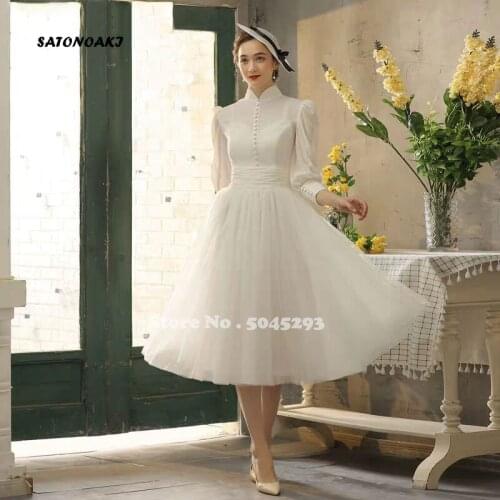 Vintage High Collar Short Wedding Dress Puff Sleeve Tea-Length Princesa Beach Bride Gown Sukienki Vestidos Robe De Mariée France