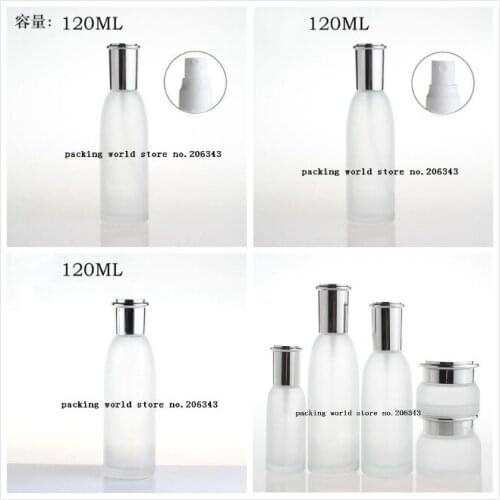 120ml frosted glass bottle with pump silver lid for lotion/emulsion/serum/foundation/toner/water/sprayer cosmetic packing