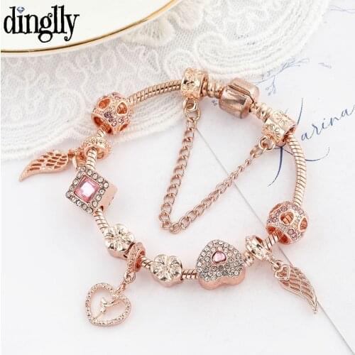 Dinglly Rose Gold Wings Love Fairy Charm Bracelets For Women Girl Original Shiny Heart-shaped Beaded Fine Bracelet Jewelry