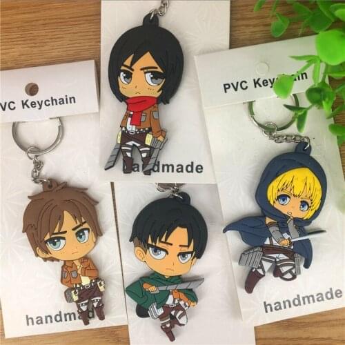 Attack On Titan Cosplay Key Chain Mikasa Ackerman Rivaille Eren Jaeger Armin Arlart PVC Character Pendant Key Ring Anime Toys