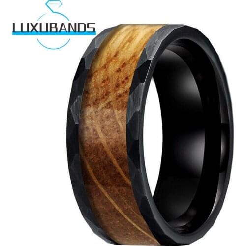 Black 8MM Tungsten Carbide Rings For Womens Mens Hammered Whiskey Barrel Wood Inlay Brushed Finished Comfort Fit