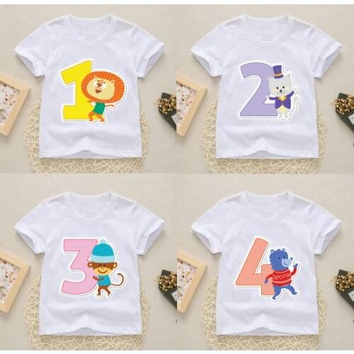 2021 Number 1-9 Cartoon Shirts Print Kid Happy Birthday Boys Funny Lion Rabbit Fox Girls t-shirt Kids Tops Clothes