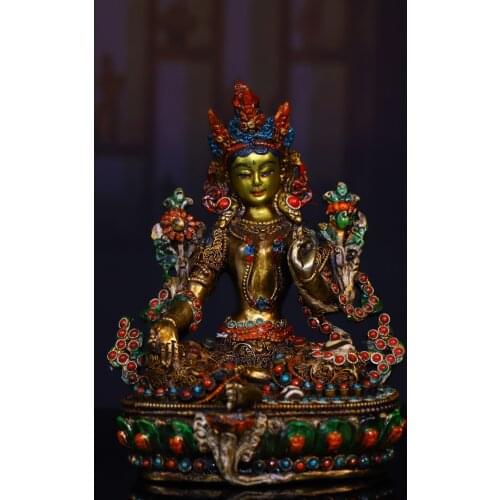 6"Chinese Folk Collection Old Bronze outline in gold mosaic Gem Dzi Bead Green Tara Bodhisattva Sitting Buddha Ornaments