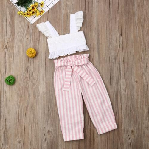 Summer Autumn Girl Clothes Lace Strap Ruffle Crop Tops Striped Long Pants 2Pcs Toddler Outfits Kids Fashion Clothes Set