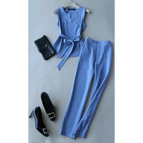 Summer New Chic Sleeveless Sashes Tied Waist Suit Vest + High Waist Pencil Pants Suit Trousers Workwear Set