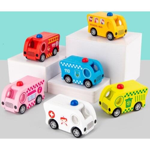Mini Wooden Pull Back Car Vehicle Toys Fire Truck School Bus Sanitation Car For Kids Early Educational Toys Wooden Car Toys