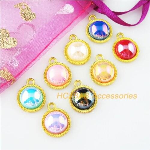 Fashion 16Pcs Gold Color Round Mixed Acrylic Flower Charms Pendants 12.5x15mm