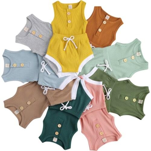 Solid Color Babys Ribbed Romper Suit, Sleeveless Buttoned Round Neck Romper Elastic Head Shorts
