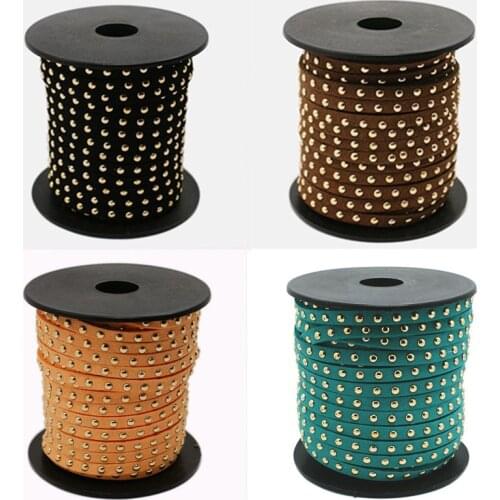 Pandahall 1Roll Golden Aluminum Studded Korea Faux Suede Cord for jewelry making, 5x2mm; about 20yards/roll