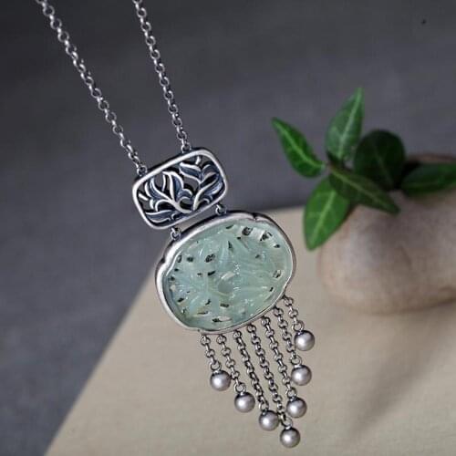 Retro 925 Sterling Silver Sweater Chain Pendant Rich Jade Bamboo Hollow Antique Finish Tassel Long Necklace Womens National Sty