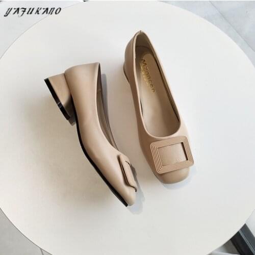 3 Cm Square Toe Thick Heel Women Single Shoes Ladies Pumps Low Heel Retro Grandma Shoes Metal Buckle Decoration Nude Work Shoes