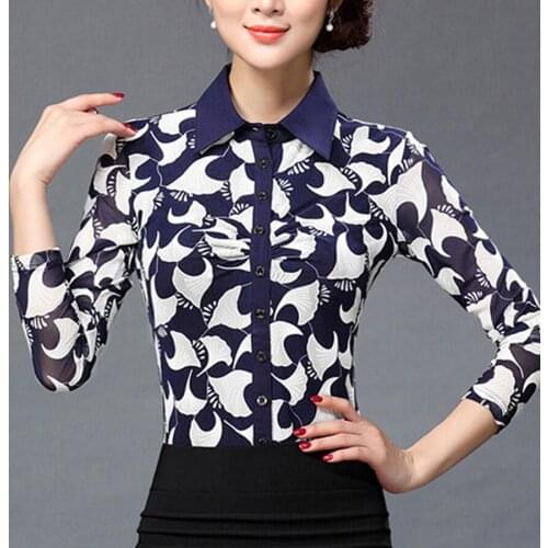 Spring 2018 New Fall Woman Female Full Sleeve Patchwork Printed Mesh Blouse , Women Slim 3XL Single Breasted Cardigan Blouses