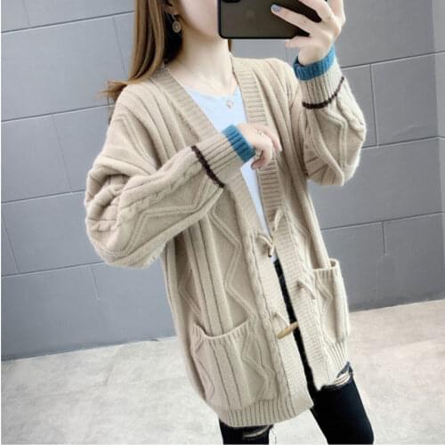 Knitted cardigan sweater jacket women loose 2021 autumn and winter Korean fashion long-sleeved v-neck single-breasted top